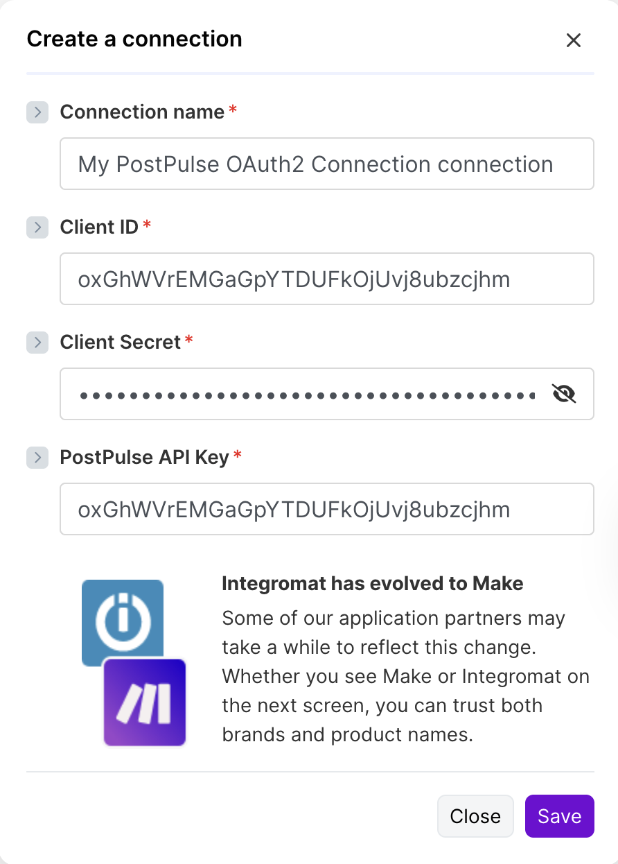 Make connection setup showing Client ID, Client Secret, and API Key fields