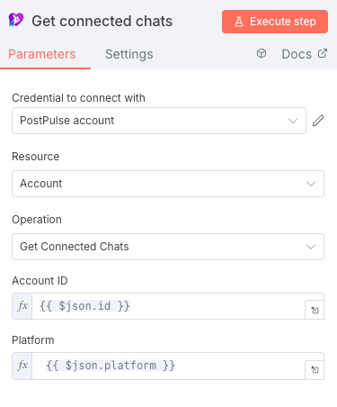 n8n Get Connected Chats node configuration showing how to use account ID from previous step