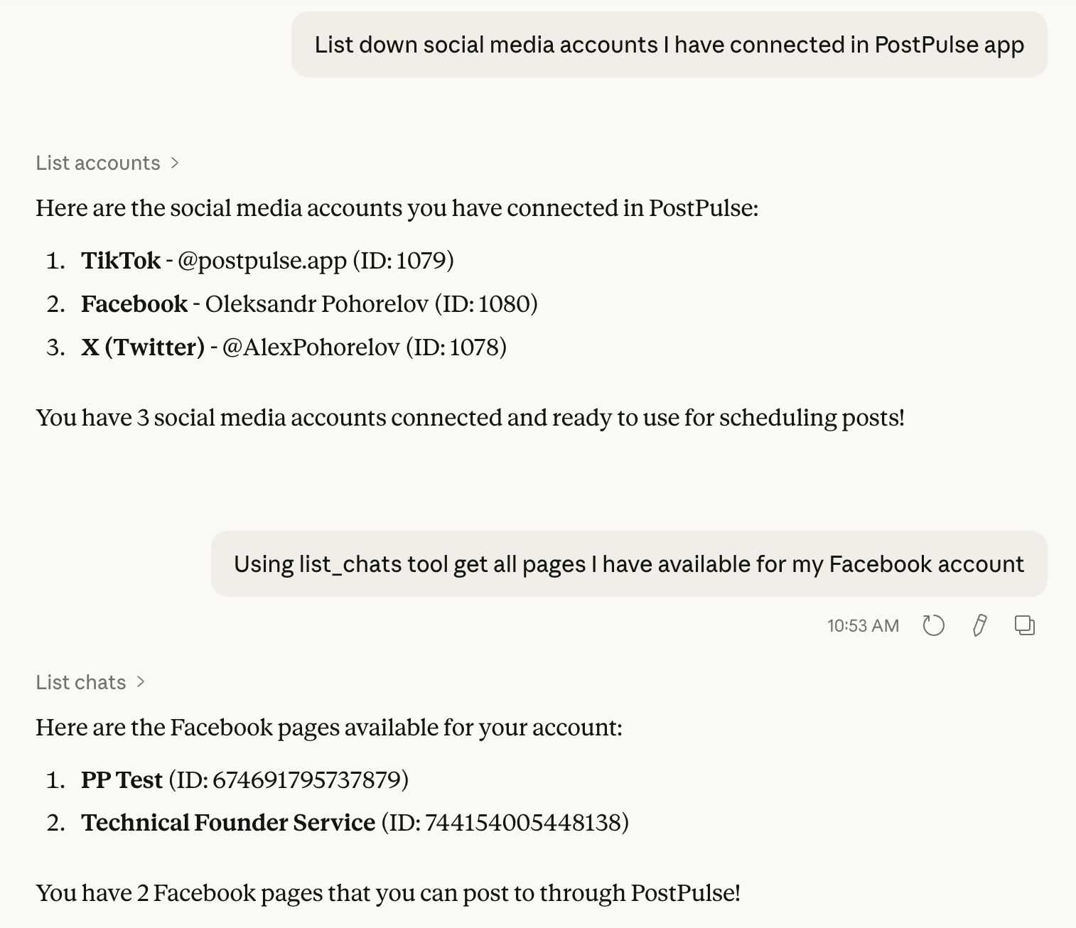 MCP list_accounts and list_chats tools in action