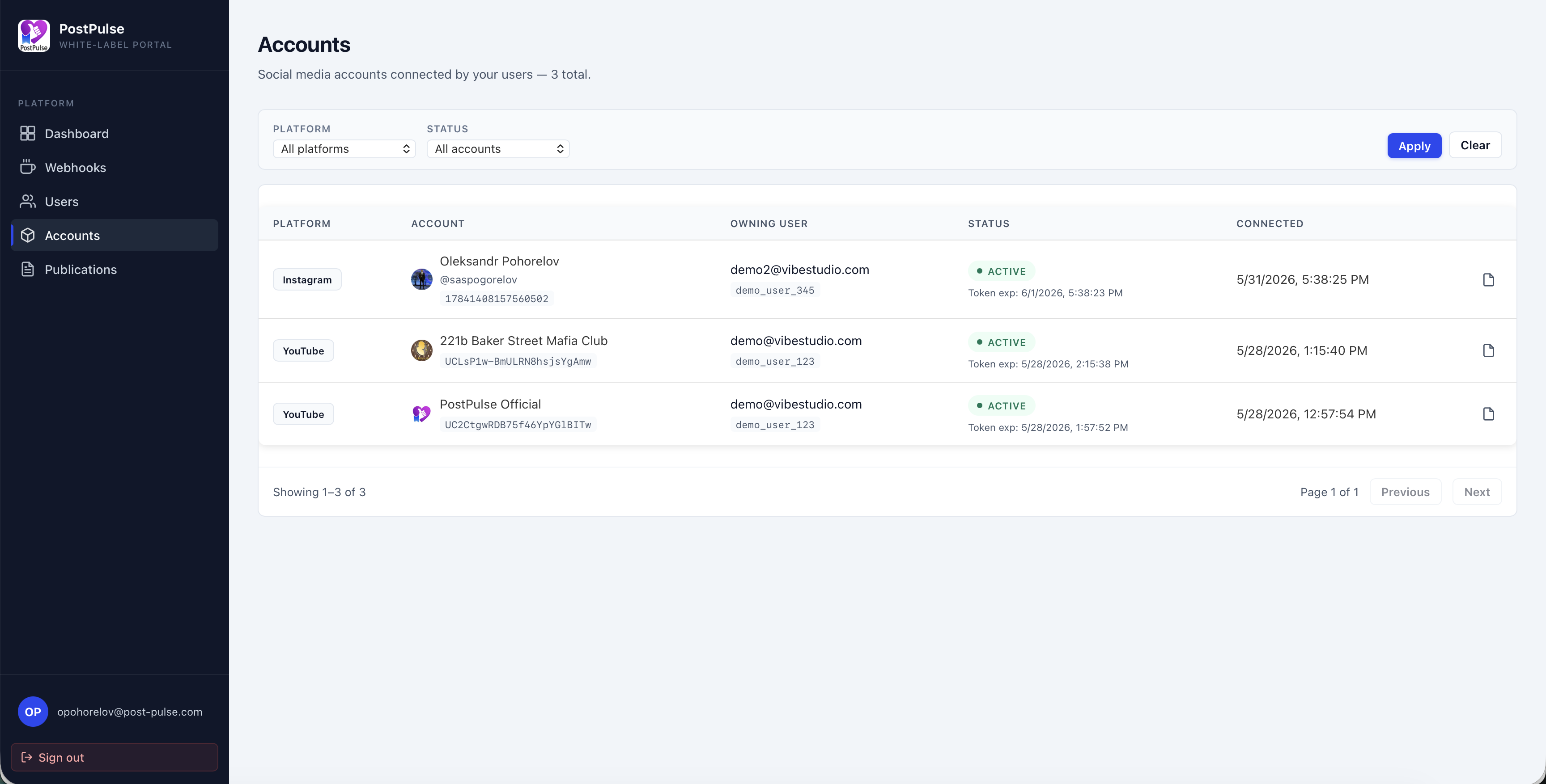 Partner Portal: your users' connected social accounts across all 9 platforms, managed through the API