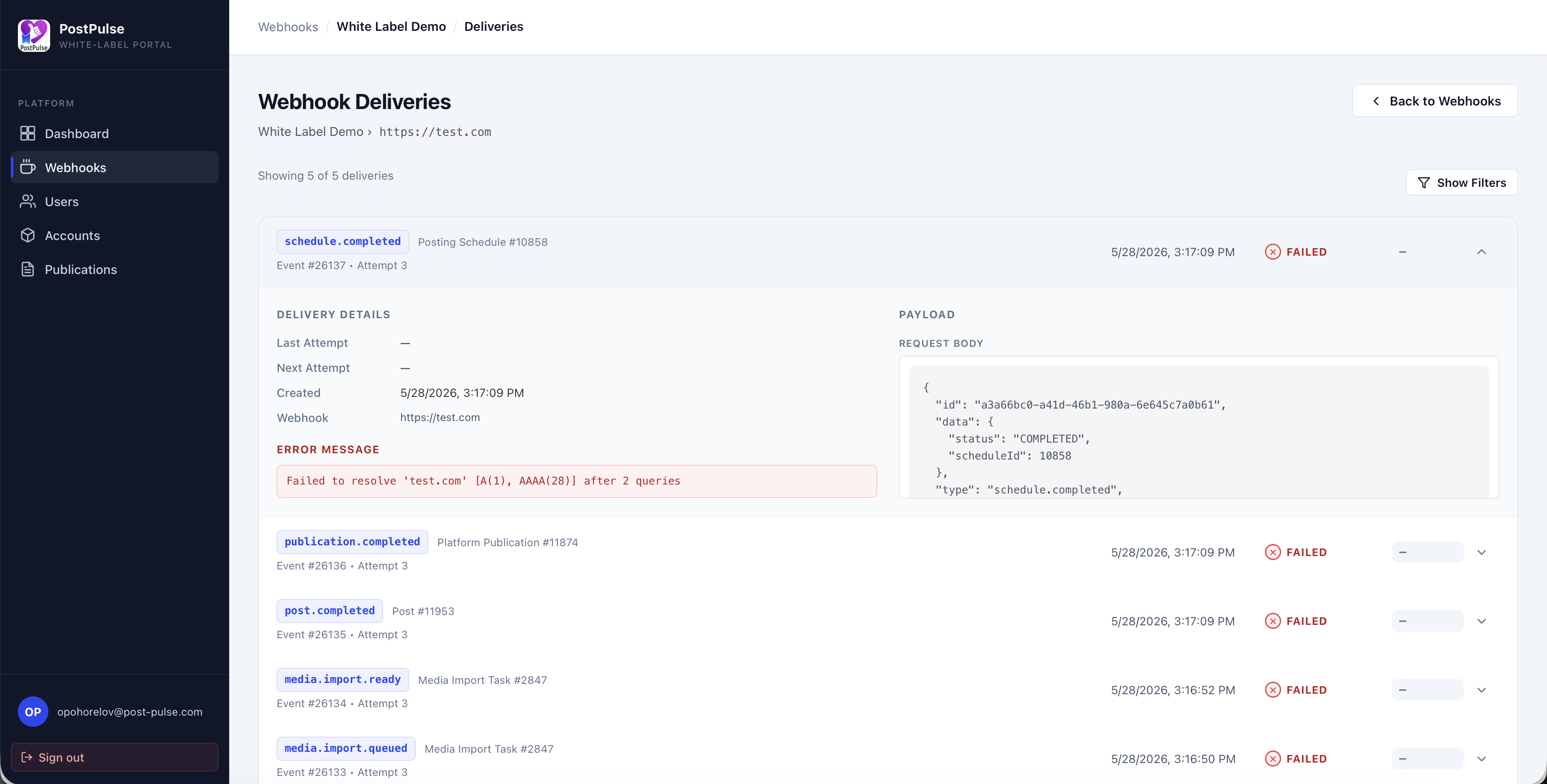 Partner Portal: 14 webhook events delivering post status, retries and failures back to your product