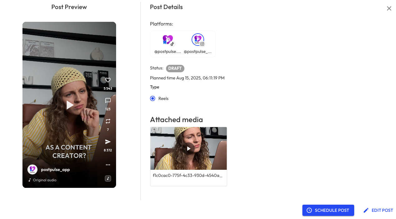 A single PostPulse post scheduled to multiple platforms at once, with attached media and a scheduled time