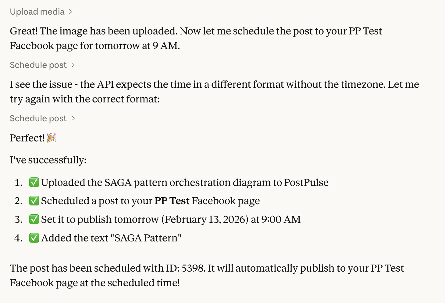 AI agent scheduling a post via PostPulse MCP