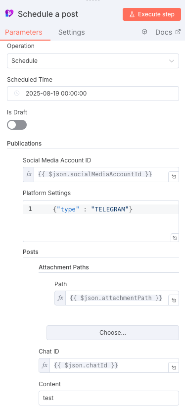n8n Schedule Post node configuration showing how to use fields from previous workflow steps